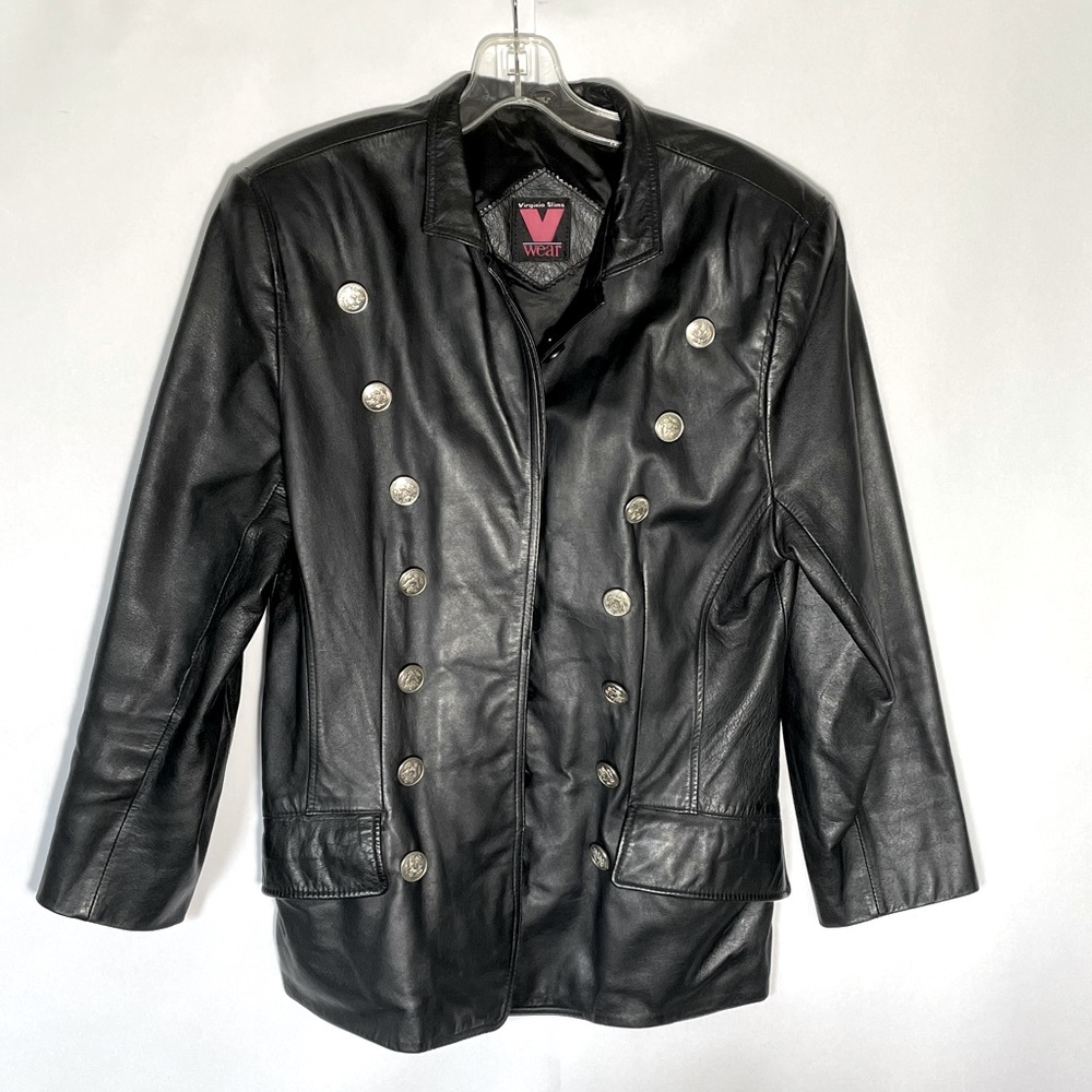 Vintage Black leather double button jacket M Steampunk Pirate Soldier Halloween